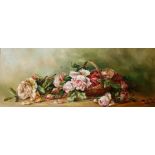 B..Bennett (British, late 19th Century), still life of a basket of roses, signed, signed l.r., oil