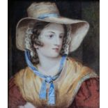 British School, mid 19th Century, portrait of a young woman, bust length wearing a straw hat,