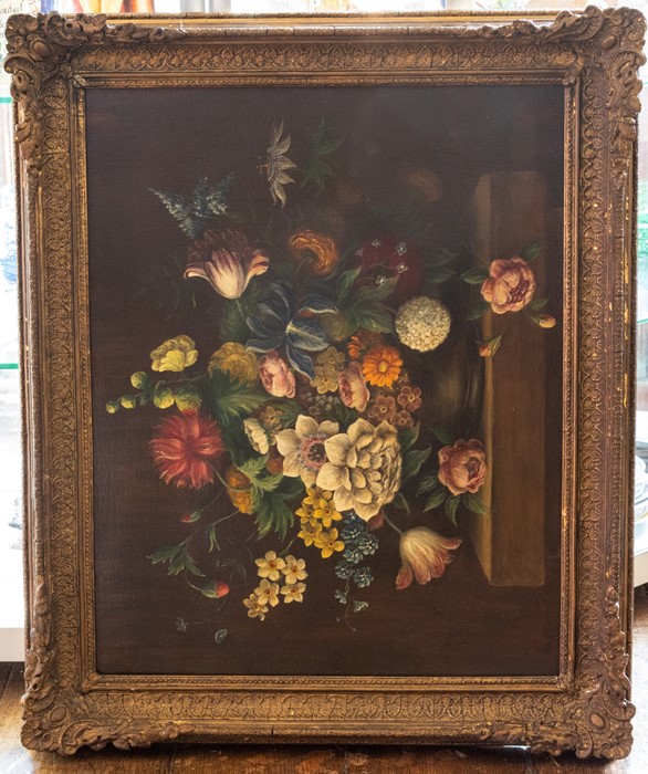 British School, early 20th Century, still life of flowers on a stone ledge, oil on canvas, 51 by