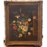 British School, early 20th Century, still life of flowers on a stone ledge, oil on canvas, 51 by