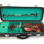 Violin by Michael Poller, 1/16th size (8 1/2 inches), in carrying case with bow