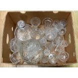 A quantity of assorted glass wares including six tumblers, decanter, sherry glasses, vases, bowls,