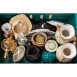 Two boxes of assorted ceramics, including Majolica dishes, Toby jugs, Blush Ivory vases, hand