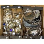 A large collection of silver plated items including trays, tea sets, food warmers, bonbon baskets
