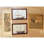A pair of Chinese watercolours depicting ships at sea, a Chinese scroll, with a watercolour scene,
