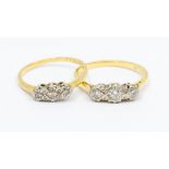 Two three stone diamond rings, both illusion set in platinum and 18ct gold, sizes M and N,