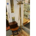 1950's brass hall stand along with reproduction oak round top table, sewing box and walking stick (