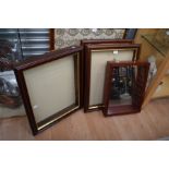 Five modern glazed mahogany effect mural display cabinets, each housing multiple glass shelves,