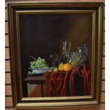 Continental School, 20th Century, still life with fruits, hock glass and carafe, oil on canvas,