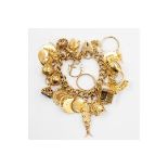 A 9ct gold charm bracelet including nineteen various 9ct gold charms/coins to include two