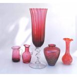 Cranberry glass. Italian vase with clear twisted stem (35cm) along with an Italian studio vase,
