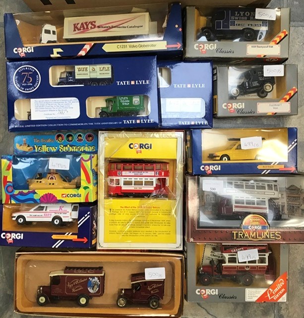 A box of diecast models including Corgi and Lledo, Trams, Commercial vehicle’s and Yellow