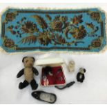 Vintage small straw filled bears, bead tapestry 19th Century etc