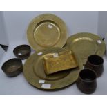 A collection Chinese brassware comprising charger, 2 dishes, rectangular tray, pair of bowls and 2
