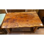 A contemporary yew topped oak framed coffee table, joined construction, naturalistic top, 47cm high,
