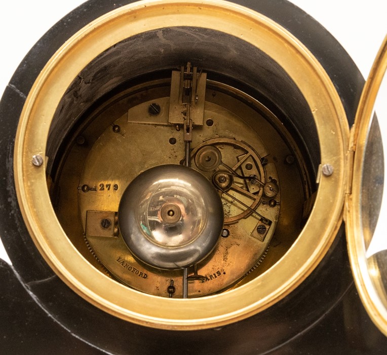 A French black and variegated marble mantel clock, circa 1890, the barrel moulded case on a volute - Image 2 of 2