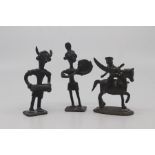 Three small bronze figures, Benin, 19th/20th Century, two depicting musicians, the third a deity or