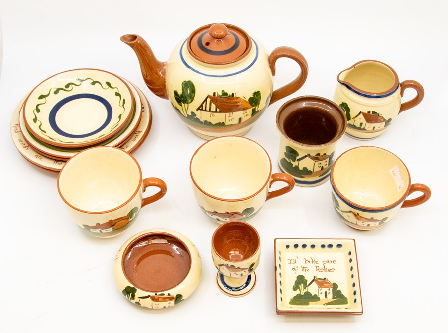 A Torquay ware terracotta part tea set comprising teapot, 3 cups and saucers, side plates, egg - Image 2 of 2