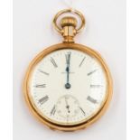 A 14k gold-plated Waltham openfaced pocket watch, Roman numerals, subsidiary dial, 17 jewels,