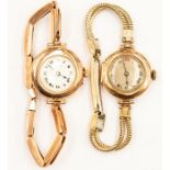 A collection of two 9ct gold vintage watches, to include one with a round white enamel dial, Roman