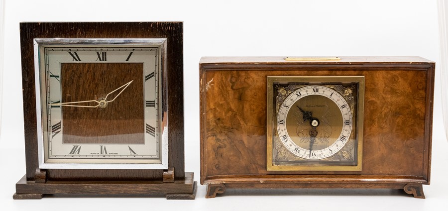 Four British art deco style desk or mantel clocks, the first by Smiths in cross-banded mahogany - Image 2 of 2