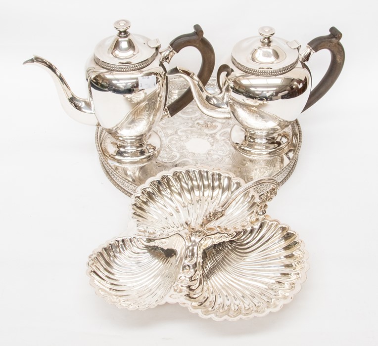 A matching EPNS Deluxe teapot and coffee pot and a three shell section serving dish with a foliate