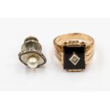 A 9ct gold, onyx and diamond chip gent's ring, size O1/2, approx 5.4gms gross; and a silver,