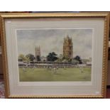 Cricket Interest: A framed and glazed print, after E.R. Sturgeon, Somerset County Cricket Ground,