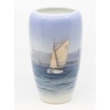 Royal Copenhagen vase depicting yacht, signed by artist by and pattern numbers 2609-1049