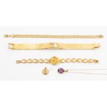 A 9ct gold woven bracelet, length approx 19cm, along with a 9ct gold claw set amethyst pendant on