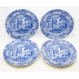 Six early 19th Century unmarked Spode blue and white dinner plates, all with same transfer printed