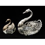 A sterling silver bonbon swan figural dish, with folding wings, cut glass body, together with a