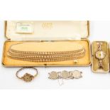 Two 9ct gold vintage watches, one with scalloped case, round dial on a 9ct gold expander strap,