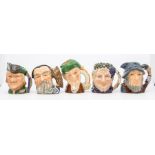 Five small Royal Doulton character jugs including Robin Hood, Leprechaun, Merlin, Bacchus, Rip Van
