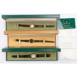 Three ladies Gucci wristwatches, all with round gold plated case and dial, on faux croc straps,