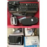 A collection of vintage radios, pocket TV, cameras and binoculars plus a tablet