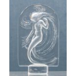 A Lalique frosted glass plaque, depicting a mermaid in reverse relief, 10 cms high approx