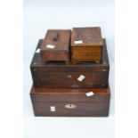 Two mahogany Victorian inlaid trinket boxes with inside tray along with two other treen boxes