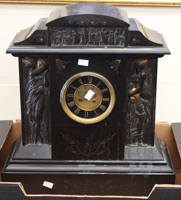 A large French black slate 19th Century mantel clock with black and gilt face classical figures - Image 2 of 2