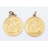 Two half sovereigns, 1897 and 1904 both with soldered pendant mounts, total weight approx 8.3gms (