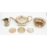 A collection of silver plate to include: Victorian pomegranate shaped teapot on scroll and paw