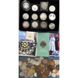 UK & World Coins with Commemorative Crowns, £5 coins and World Banknotes.