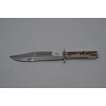A recent vintage Italian Bowie type fixed blade knife, full tang with stag horn grips and