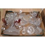 A collection of cut glass including decanters, Waterford style coralline pattern glasses, shot glass