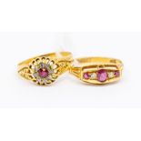Two 18ct gold Victorian ruby and diamond rings, comprising a cluster ring with centrally set round