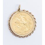 A George V sovereign in pendant mount, dated 1910, weight approx 9.9gms