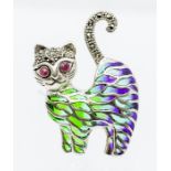 A silver pliqué a jour enamel pendant in the form of a cat, ruby set eyes with marcasite accents and
