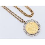 A George V 1911 sovereign, initialled BP for Benedetto Pistrucci, in a 9ct gold mount and chain,