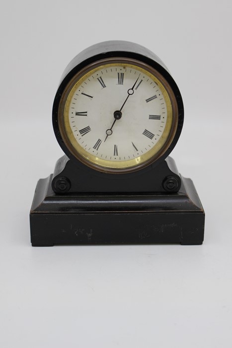 Two early 20th Century French mantel clocks, the first of barrel form on scroll base in ebonised - Image 3 of 3