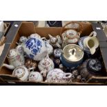 A collection of reproduction Chinese teapots including Famille Rose, Jasper ware biscuit barrel,
